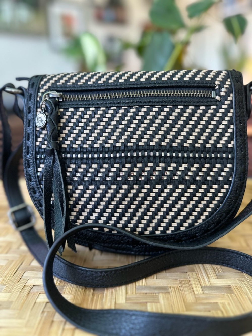 The Sak Woven Leather Crossbody Bag Black + Tan Boho